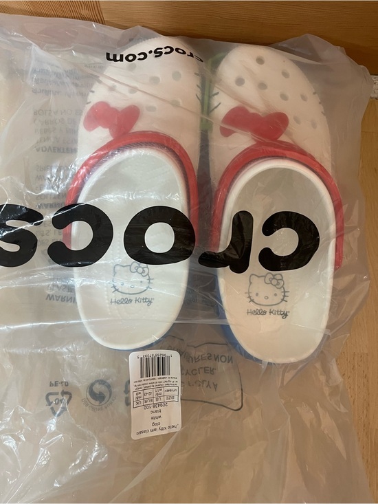 CROCS Shoes - CROCS White Mules with Red Strap and Hello Kitty Accent